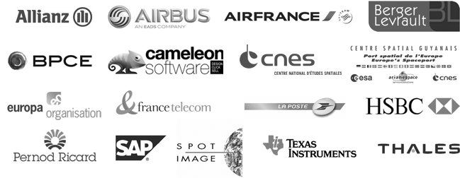 Allianz, Airbus, Air France, Berger-Levrault, BPCE, Cameleon Software, CNES, CSG, Europa Organisation, France Telecom, La Poste, HSBC, Pernod-Ricard, SAP, Spot Image, Texas Instruments, Thales Communications